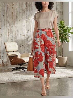 Red Carter 100% Rayon Cropped Palazzo Floral Pants Size: L